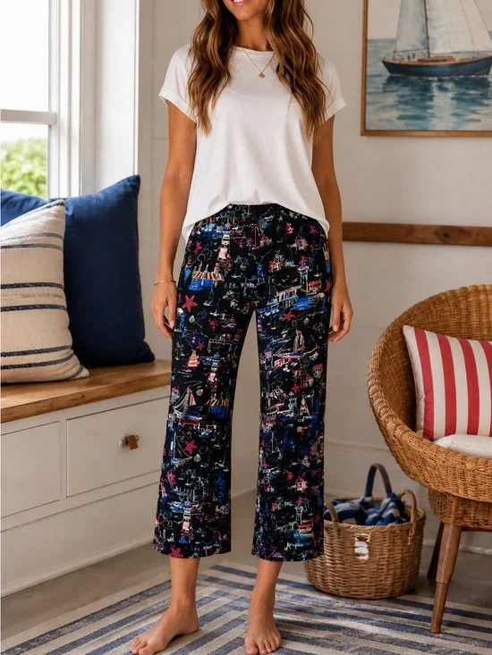 Chicos Travelers Black Multicolored Nautical Print Cropped Pants Size 1 Medium