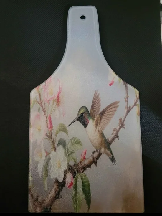 Decorative Hummingbird Paddle Cutting Board with Floral Art