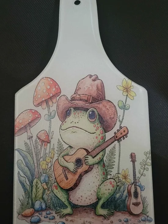 Whimsical Frog With Guitar Decorative Cutting Board - Green, Pink, Brown