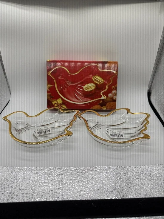 NWT Vintage Mikasa Clear Glass Dove Dishes with Gold Trim - Set of 2