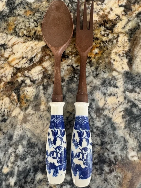 Vintage Blue and White Ceramic-Handle Serving Spoon and Fork Set