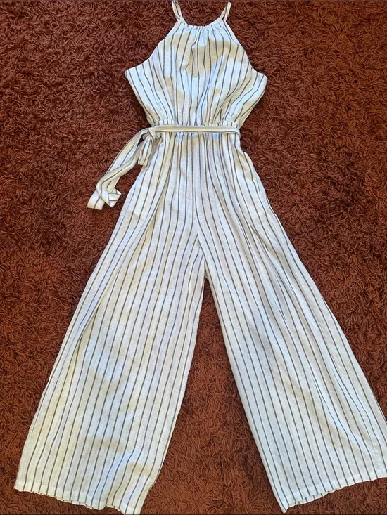 Banana Republic Striped Halter Wide-Leg Jumpsuit in White and Brown - linen