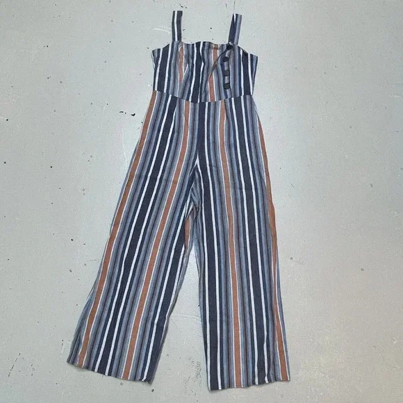Fishbowl Jumpsuit Womens 9 Striped Strappy Linen Crop Jumper Zip Junior Overall