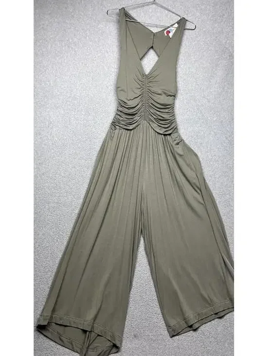 Free People Forever Always Ruched Jumpsuit Olive Green Wide Leg S Backless Boho