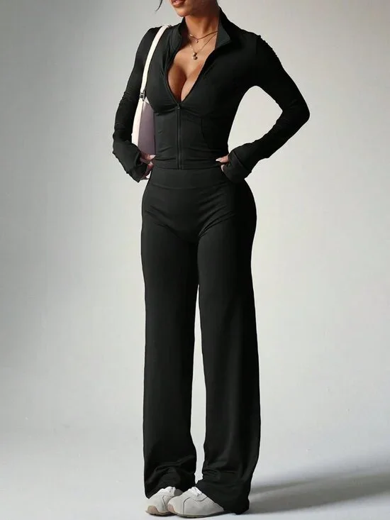 Black Casual Women's Long Sleeve Top + Loose Wide Leg Pants Yoga Outfit Sports