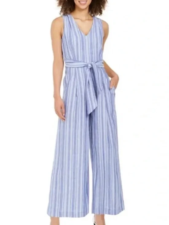 Classy Calvin Klein Linen Blend Belted Sleeveless Blue Stripe Jumpsuit Size 4