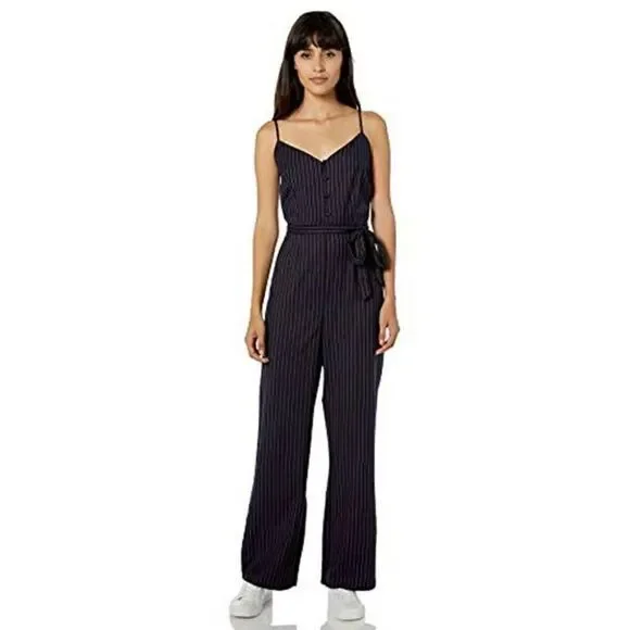 Cupcakes & Cashmere Bonita Pinstripe Front Tie Waist Jumpsuit Blue Tan Small