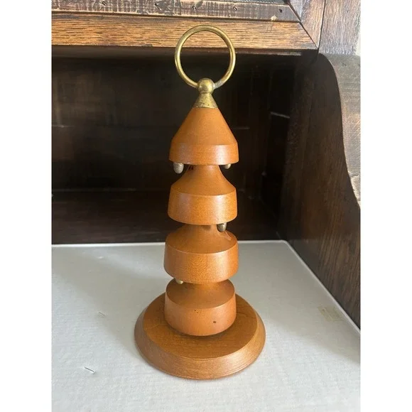 Vintage Danish Teak & Brass Mid Century Modern Spinning Serving Tower Sculpture