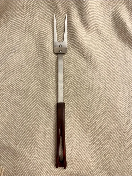 Stanhome Stainless 2 Prong Meat Fork 13” Vintage Brown Handle Used