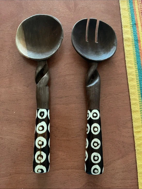 Wood & Cream Decorative Salad Serving Set - Made in Kenya