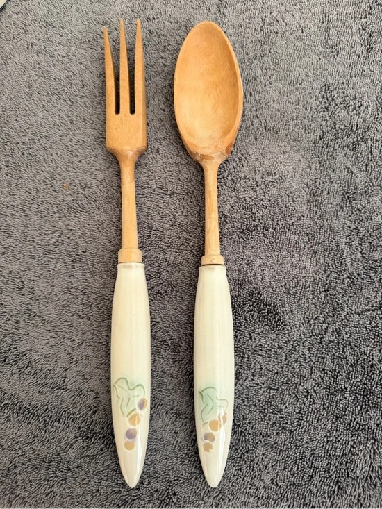 Wooden Serving Spoon and Fork Set with Cream Decorative Ceramic Handles