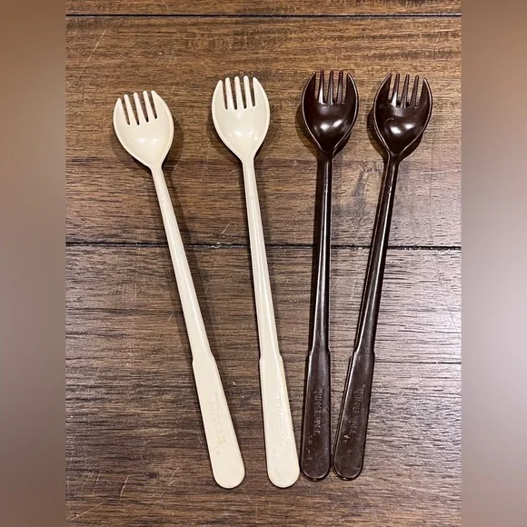 Vintage Tupperware #175 Sporks Set of 4 Brown Almond Camping Utensils MCM