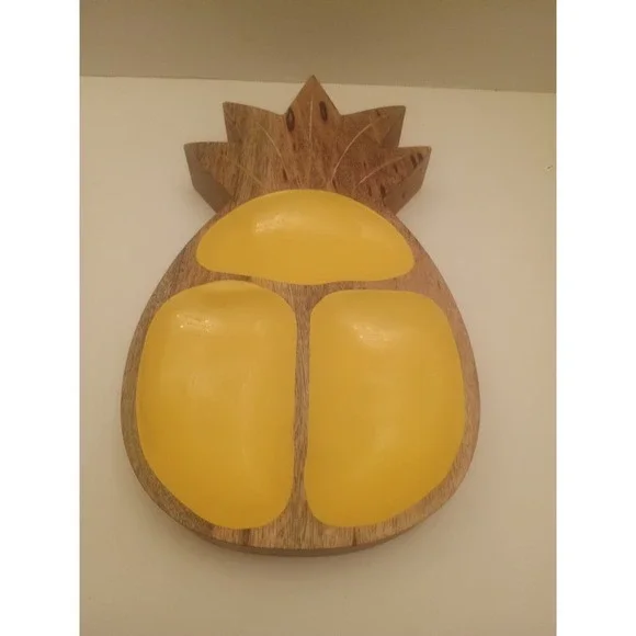 Vintage Pineapple Serving Dish Wooden Appetizer Plate 3 Sections 12 X 7