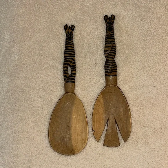 Handcarved Wooden Zebra Salad Serving Set