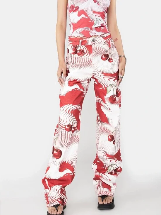 Jaded London Red Cherry Print Slouchy Boyfriend Jeans- NWT