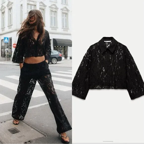 Zara Sheer Lace Black Crop Top Size XS