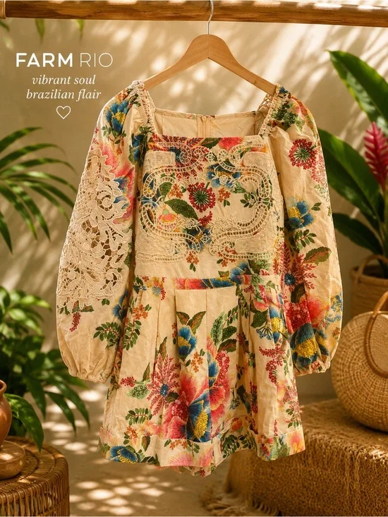 FARM Rio Cream Floral Puff-Sleeve Romper with Lace