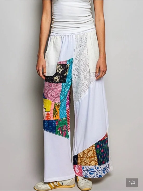 NEW POL Patchwork Woven Wide-Leg Pants - White Medium