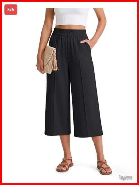 Lightweight Flowy Wide Leg Capri Pants with Pockets for Travel Beach