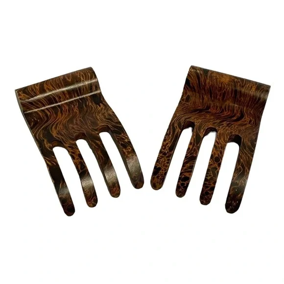 Salad Hands Servers Set of 2 Brown Burl Wood Grain Finish