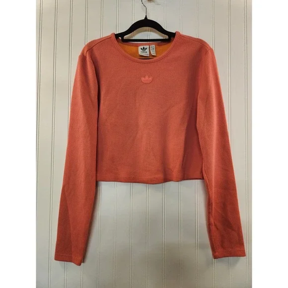 Vintage Adidas Women's Hot Pink Cropped Active Top Size L Long Sleeve Sport Gym‎