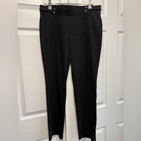 Rafaella black textured dress pants pull on style logo metal studs at waist 8