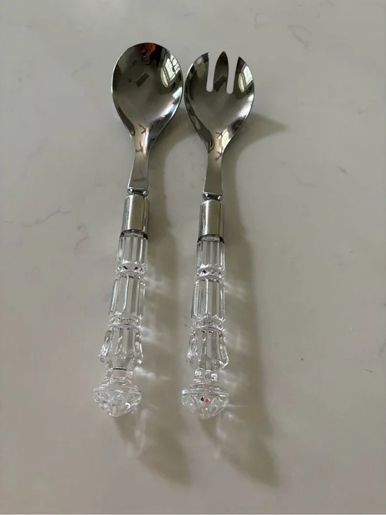 Clear Crystal handle & Silver Stainless Steel Salad Serving Set