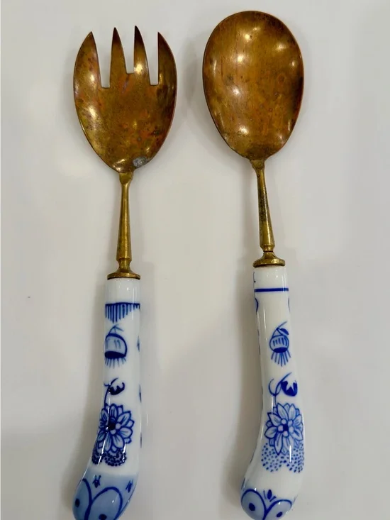 Meissen Style Blue Floral Porcelain Handle Salad Serving Set