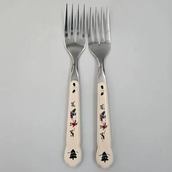 Two Pfaltzgraff Snow Village Stainless Steel Salad Fork Replacements