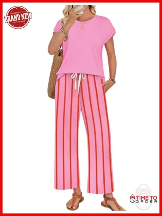 Two Piece Lounge Set Cap Sleeve Top Wide Leg Pants Beach Vacation Travel