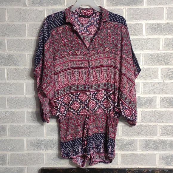 Olivaceous Women's Pink, Blue Tribal Patterned Romper Size Medium