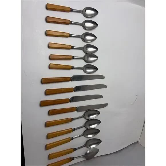 Vintage Butterscotch Bakelite Stainless Flatware 6 Teaspoon, 4 Knives,5 Spoons