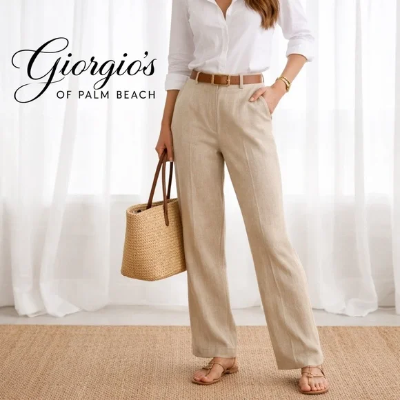 Giorgio’s Palm Beach 100% Linen Lined MidRise Trousers Beige Resort Luxury 29x30