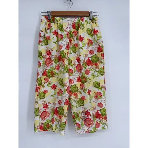 Alia Womens Floral Cropped Pants Red Green Yellow Elastic Waist Sz 8 Wide Leg