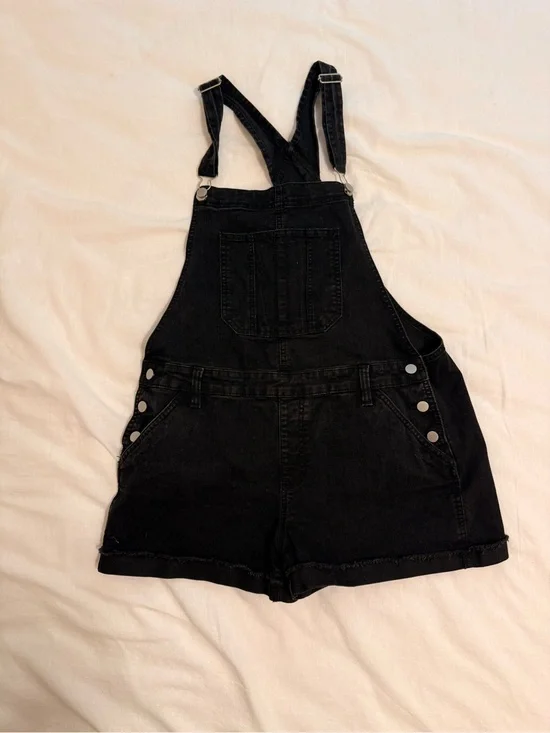 Black Denim Short Overalls