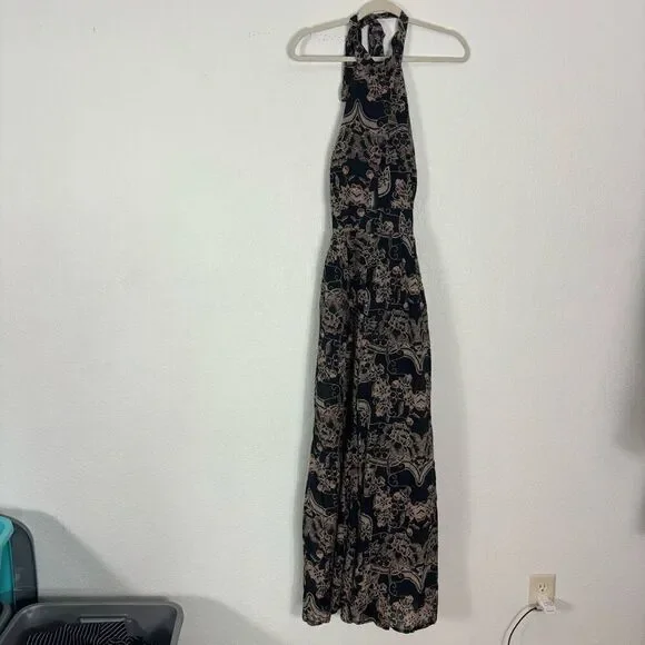 Free People Kissing Sunlight Halter Pants Jumpsuit Black w/ Brown Floral Medium