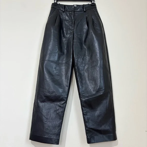 Wilfred preppy black soft faux leather high rise pleated straight leg crop pants