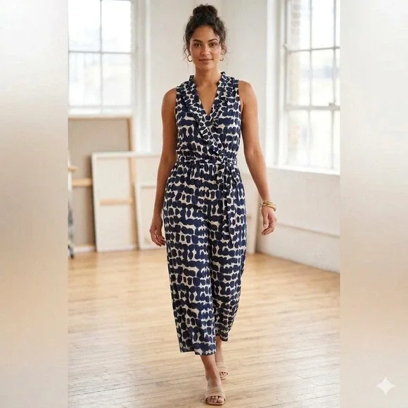 Beachgold Blue Abstract Print Ruffle V-Neck Wide Leg Jumpsuit Small Boho Resort