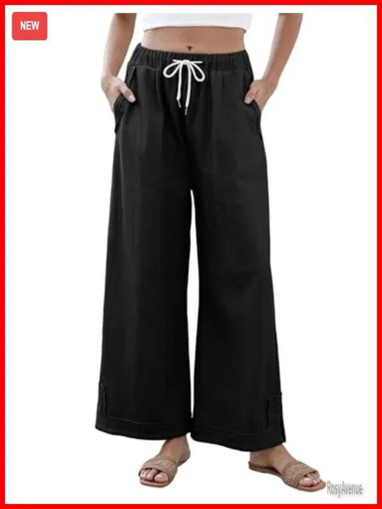 Baggy Wide Leg Casual Cotton Palazzo Pants with Pockets