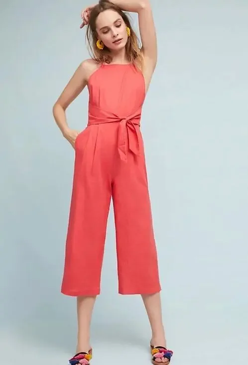 Anthropologie Greylin Linen Wide Keg Cropped Jumpsuit Size XS Petite Coral