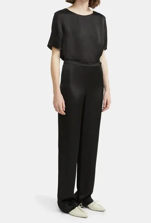 THEORY Black Pajama Pant in Hammered Viscose Satin Side-Zip Full Length 4 S