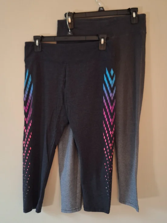 2 PAIR Of Active Leggings-Dark Gray Ankle Length & Dark Grey  Capri Lenth Size-L