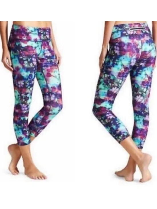 Athleta Floral Fade Sonar Capri Leggings Tights compression blue purple XS