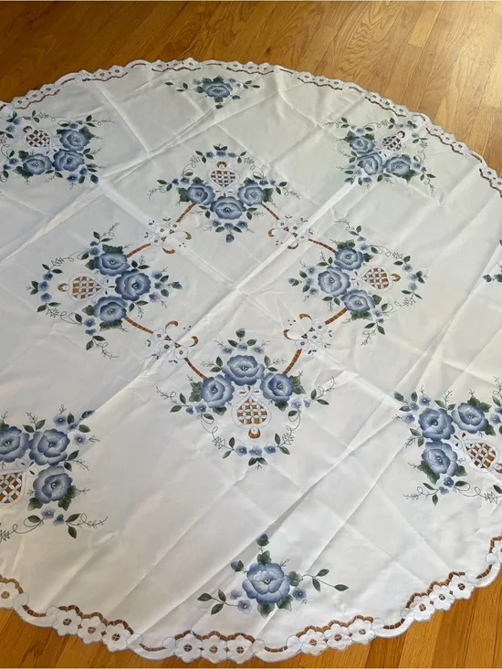 Blue Floral Embroidered Round Tablecloth - Unbranded, 68