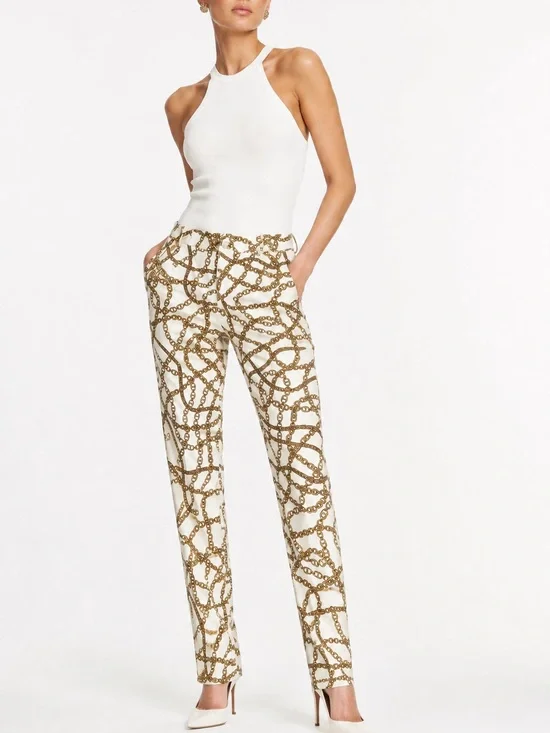 MICHAEL KORS Stretchy White & Gold Chain Print Skinny Pants
