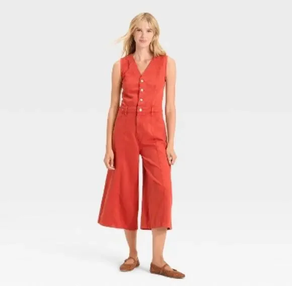 Universal Thread Red Cropped Sleeveless Wide Leg Denim Jumpsuit Size 14