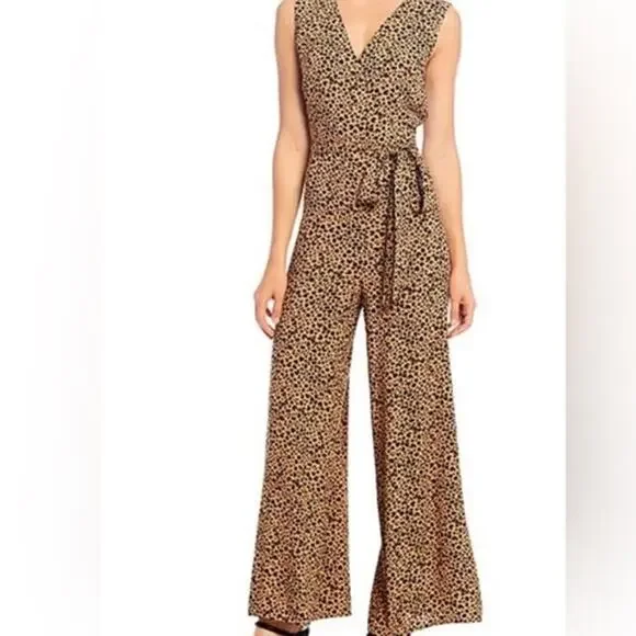 Skies Are Blue Brown Leopard Print Wide Leg Jumpsuit Size M Medium