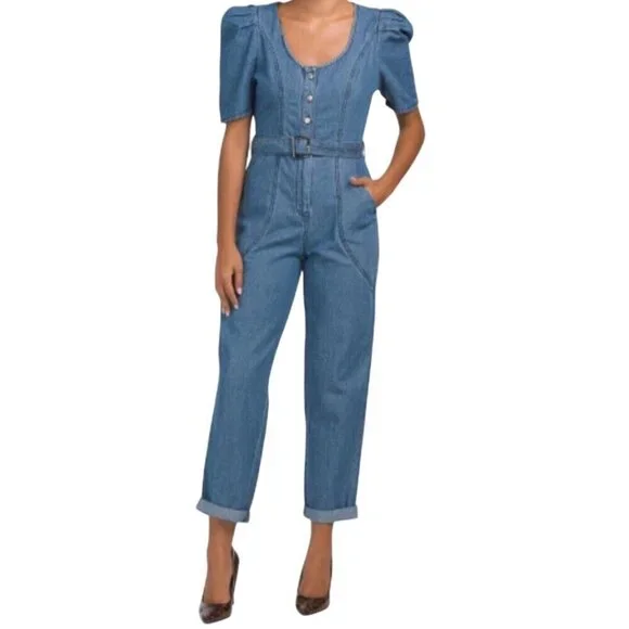 Jessica Simpson NWT Denim Puff Short Sleeve Scoop Neck Belted Jumpsuit Size L