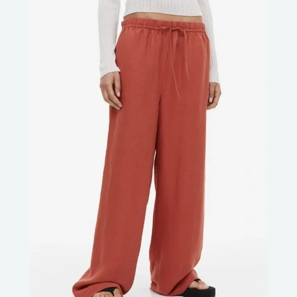 H&M Women's Brick Red Linen Blend Wide-Leg Pants​