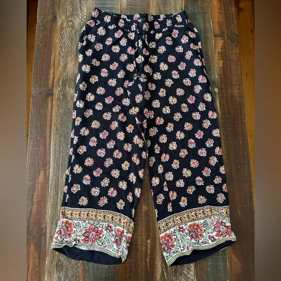 Loft Women’s S Navy Blue Floral Wide Leg Drawstring Palazzo Pants